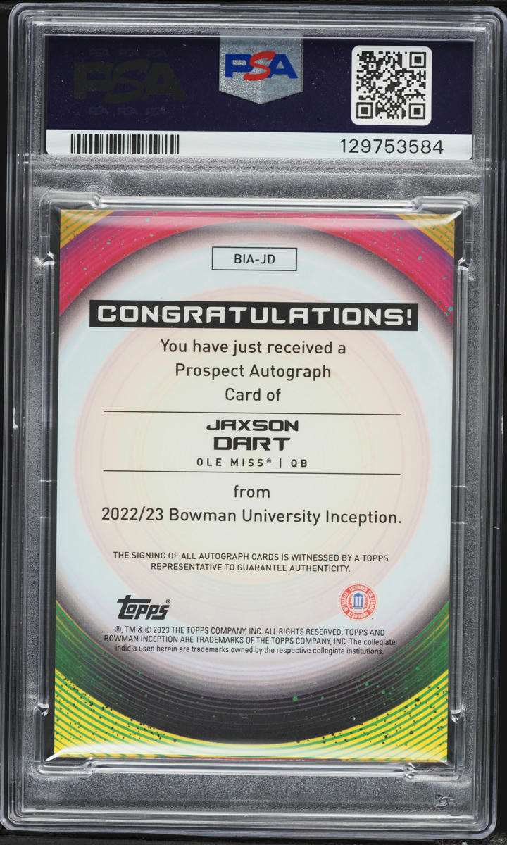 2022 Bowman University Inception Gold V2 Foil Jaxson Dart AUTO /50 #BIA-JD PSA 8 NM-MT