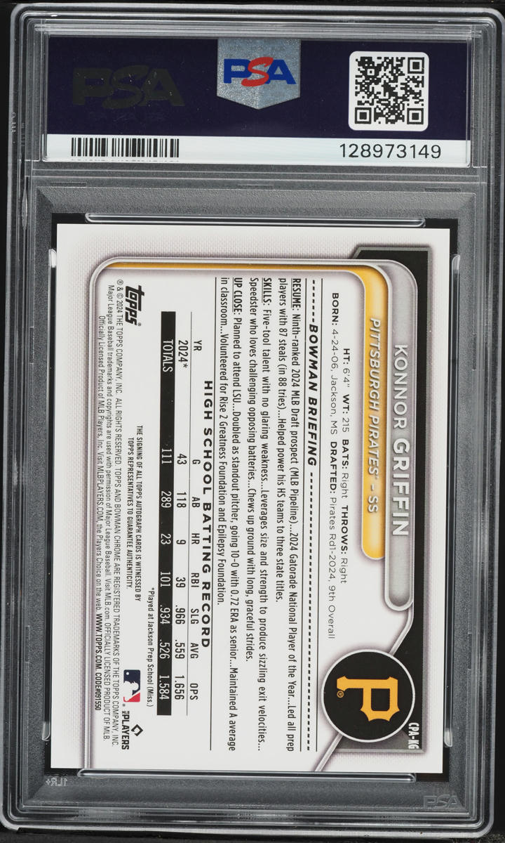 2024 Bowman Chrome Draft Konnor Griffin PROSPECT AUTO #CPA-KG PSA 10 GEM MINT