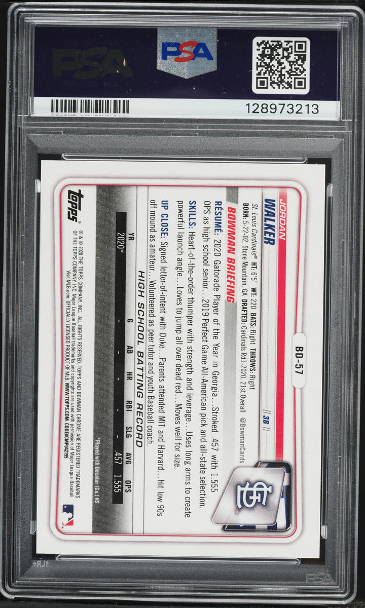 2020 Bowman Chrome Draft Purple Refractor Jordan Walker PROSPECT /250 #BD-57 PSA 9 MINT