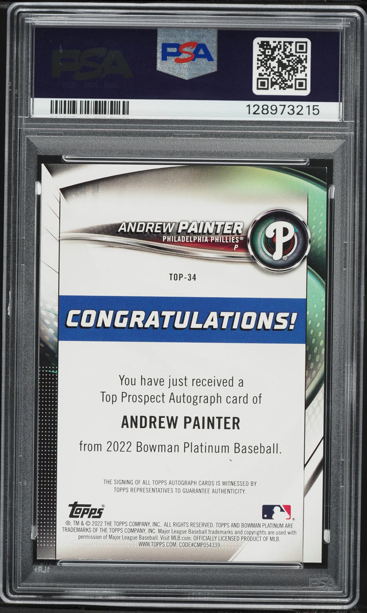 2022 Bowman Platinum Top Prospects Andrew Painter ROOKIE AUTO #TOP-34 PSA 9 MINT