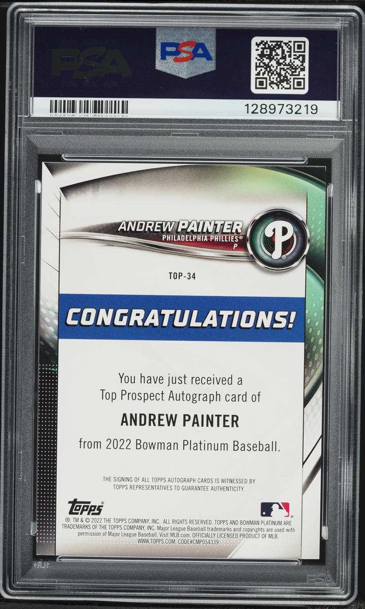 2022 Bowman Platinum Top Prospects Andrew Painter ROOKIE AUTO #TOP-34 PSA 8 NM-MT