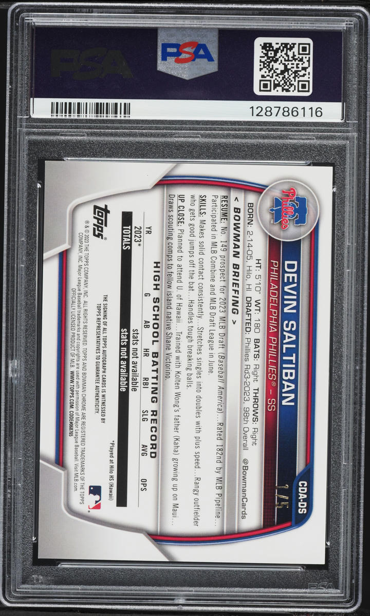 2023 Bowman Chrome Draft Red Refractor Devin Saltiban PROSPECT AUTO 1/5 #CDA-DS PSA 10 GEM MINT