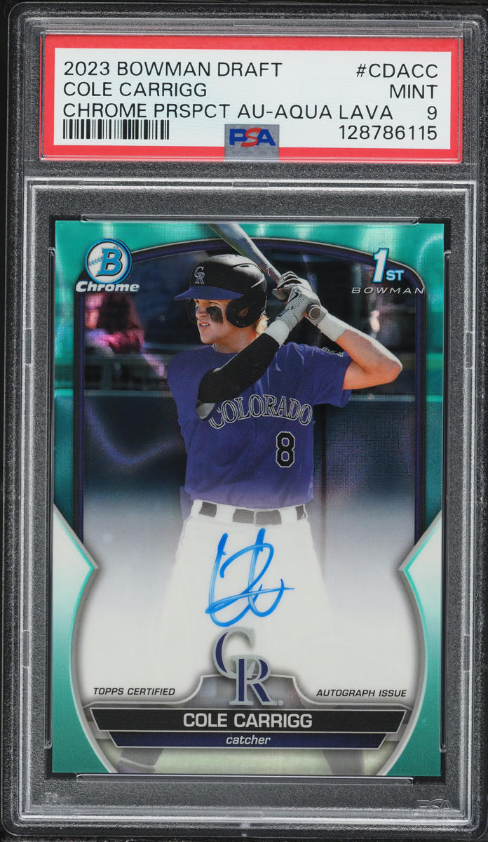 2023 Bowman Chrome Draft Aqua Lava Cole Carrigg PROSPECT AUTO /199 #CDA-CC PSA 9 MINT