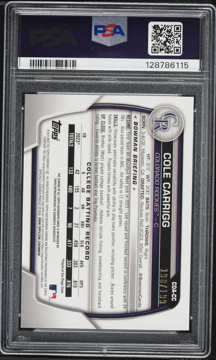 2023 Bowman Chrome Draft Aqua Lava Cole Carrigg PROSPECT AUTO /199 #CDA-CC PSA 9 MINT