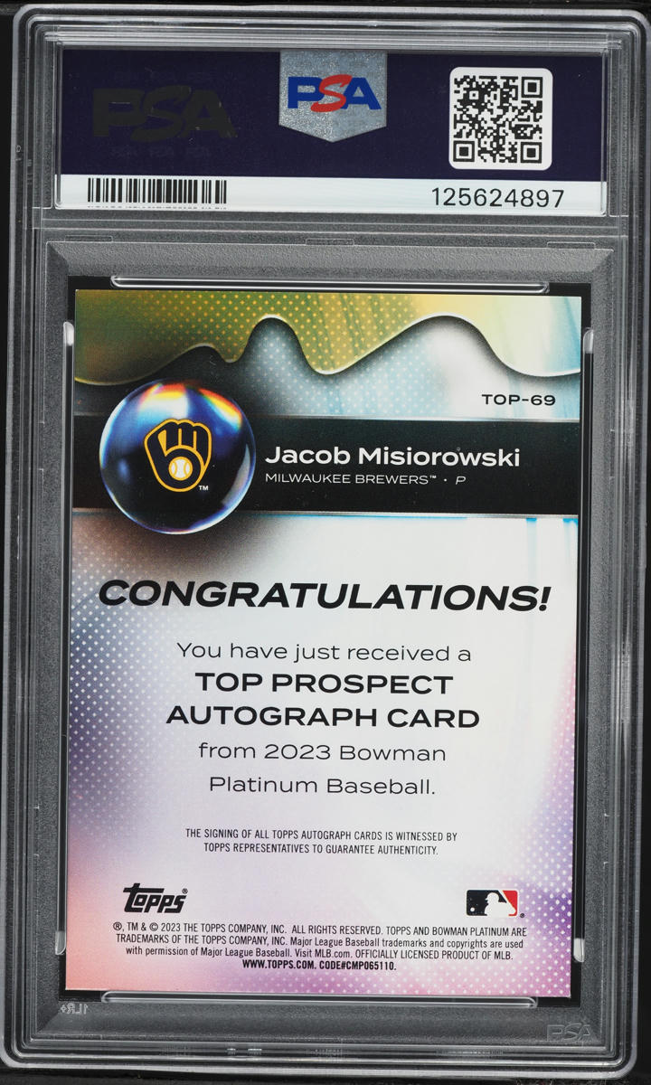 2023 Bowman Platinum Top Jacob Misiorowski PROSPECT AUTO #TOP-69 PSA 8.5 NM-MT+