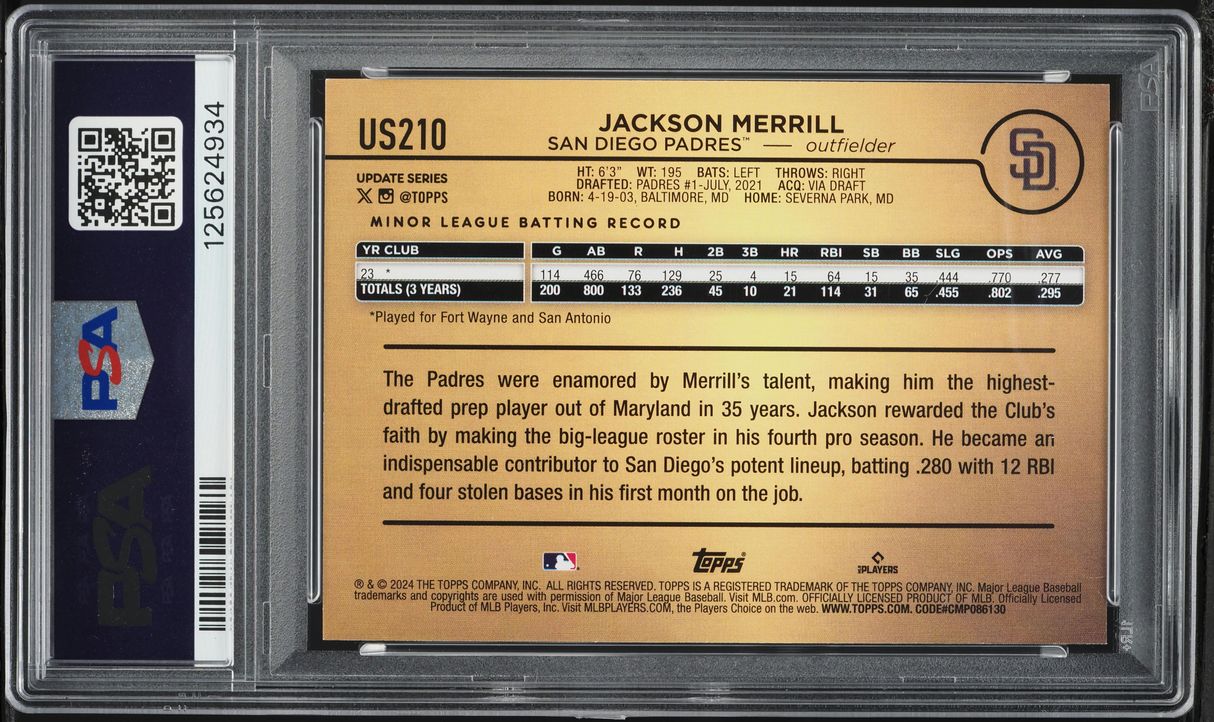 2024 Topps Update Golden Mirror Jackson Merrill ROOKIE #US210 PSA 8 NM-MT