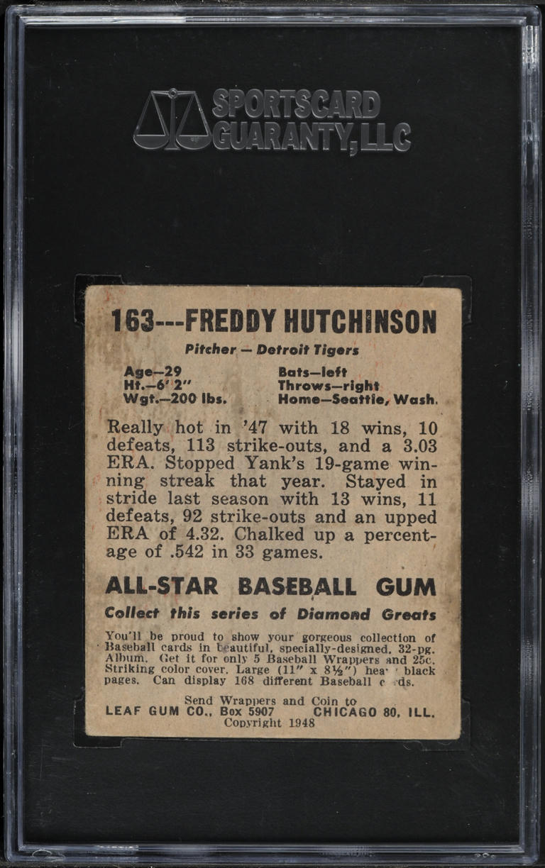 1948 Leaf Gum Freddy Hutchinson SP ROOKIE #163 SGC 3 VG