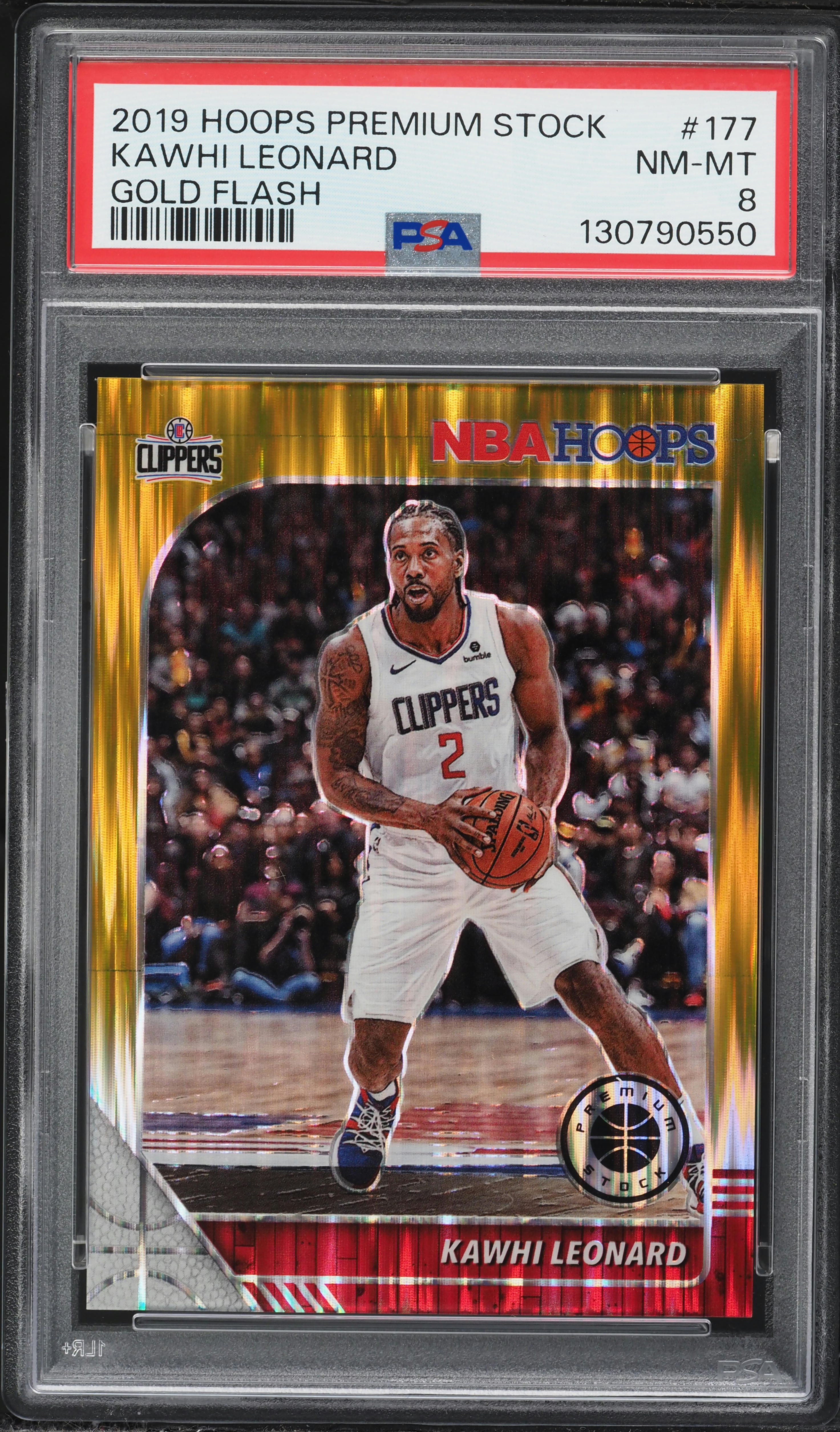 2019 Hoops Premium Stock Gold Flash Kawhi Leonard /10 #177 PSA 8