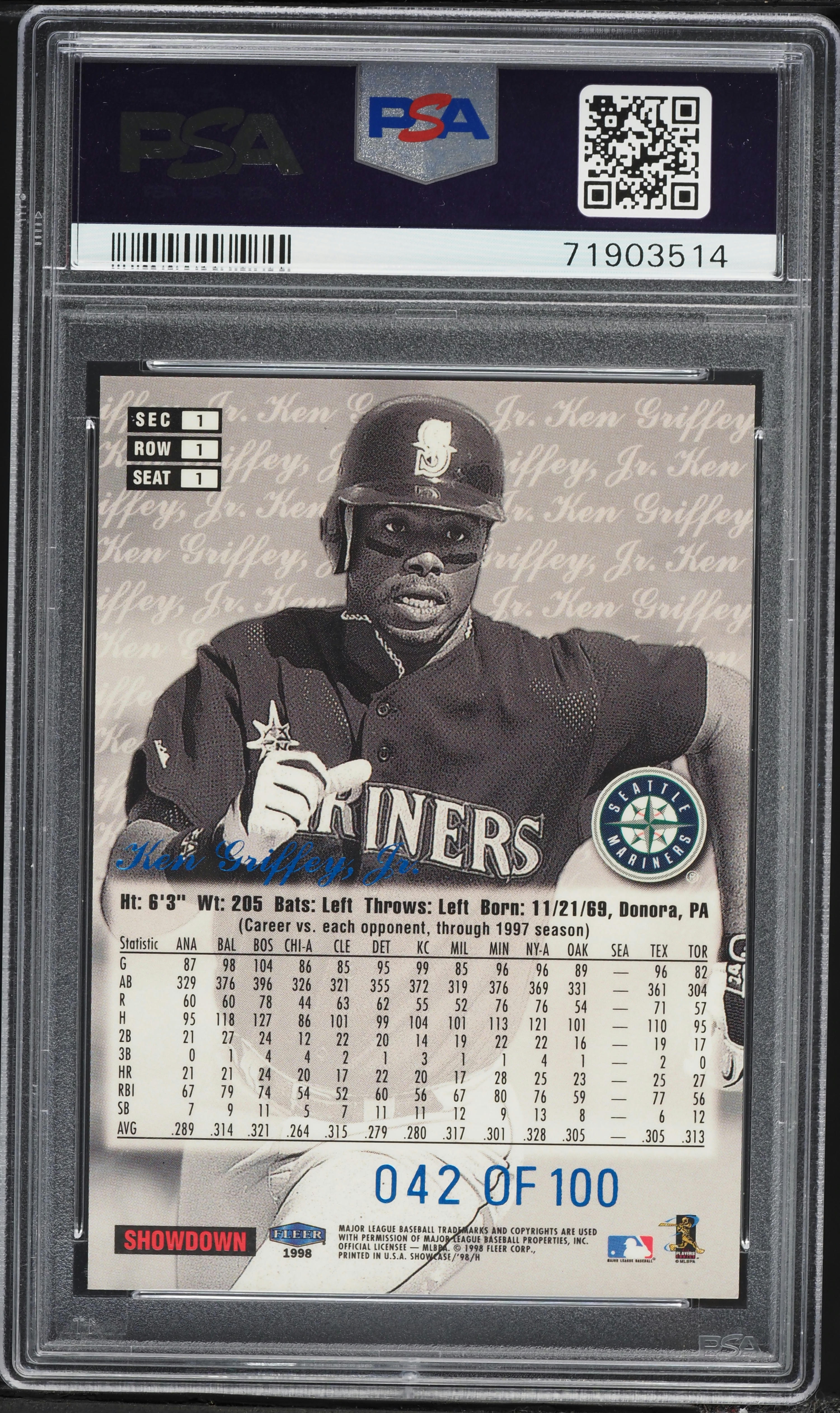 1998 Flair Showcase Legacy Collection Row 1 Ken Griffey Jr. /100