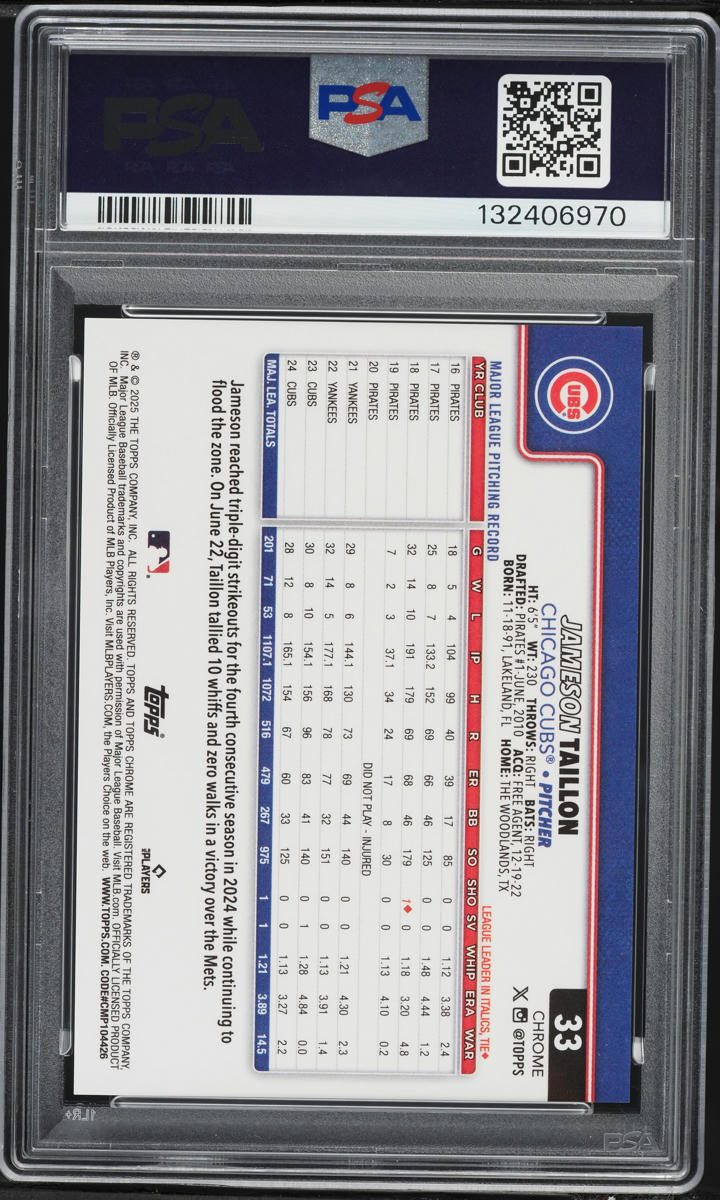 2025 Topps Chrome Logofractor Orange Refractor Jameson Taillon /25 #33 PSA 10 GEM MINT