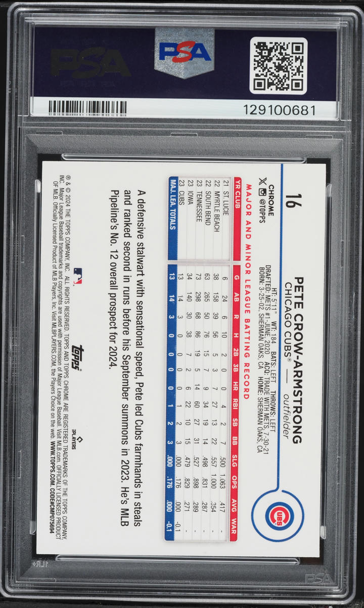 2024 Topps Chrome Purple Speckle Refractor Pete Crow-Armstrong ROOKIE /299 #16 PSA 10 GEM MINT