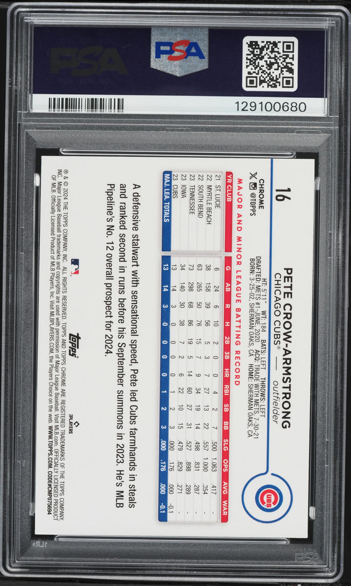 2024 Topps Chrome Purple Speckle Refractor Pete Crow-Armstrong ROOKIE /299 #16 PSA 10 GEM MINT