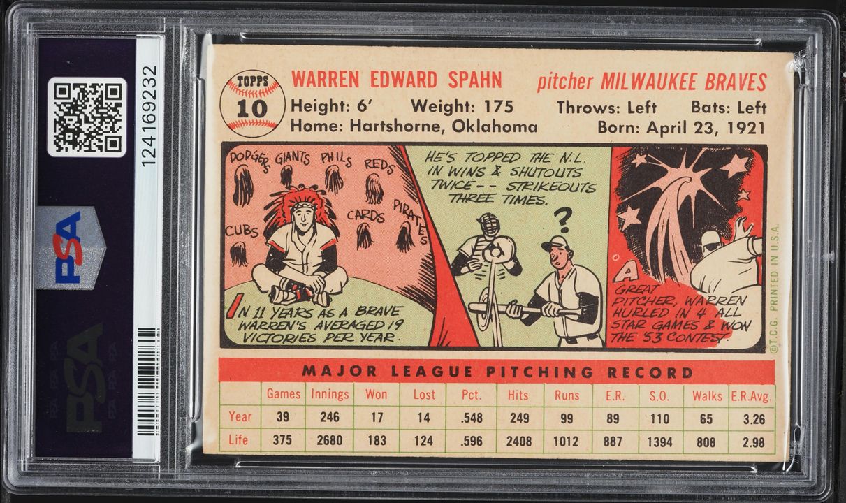1956 Topps Warren Spahn WHITE BACK #10 PSA 5 EX