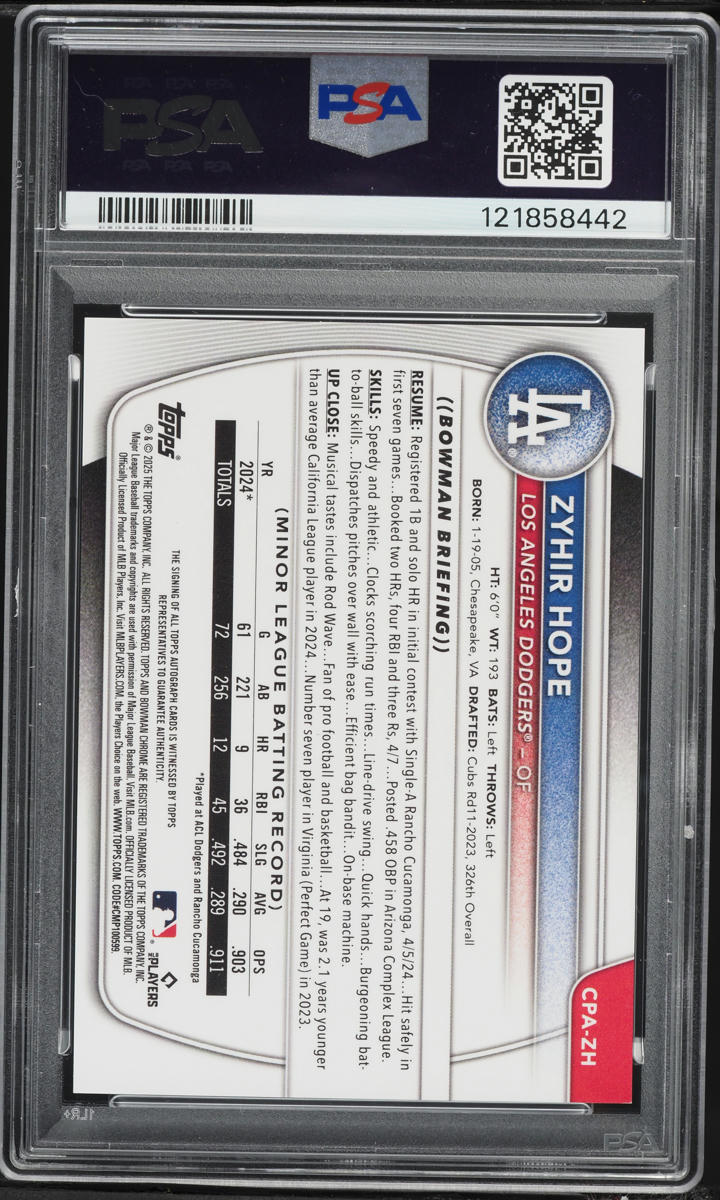 2025 Bowman Chrome Zyhir Hope PROSPECT AUTO #CPAZH PSA 9 MINT