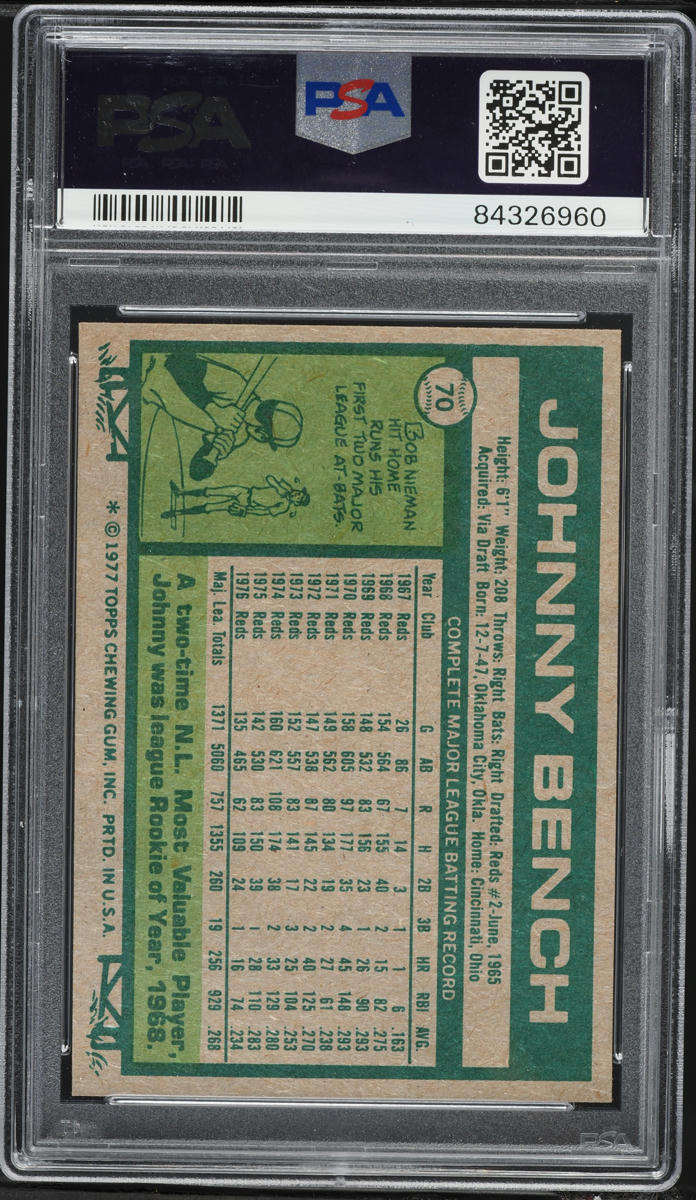 1977 Topps Johnny Bench ALL-STAR #70 PSA 7 NRMT