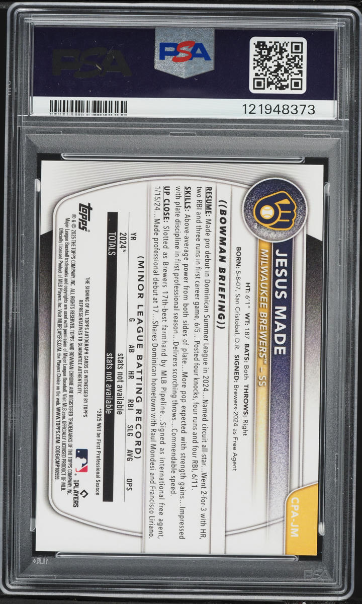 2025 Bowman Chrome Blue Xfractor Jesus Made PROSPECT AUTO /150 #CPAJM PSA 10 GEM MINT