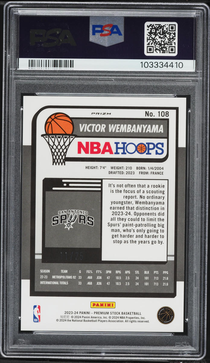 2023 Hoops Premium Stock White Ice Prizm Victor Wembanyama ROOKIE #108 PSA 10 GEM MINT