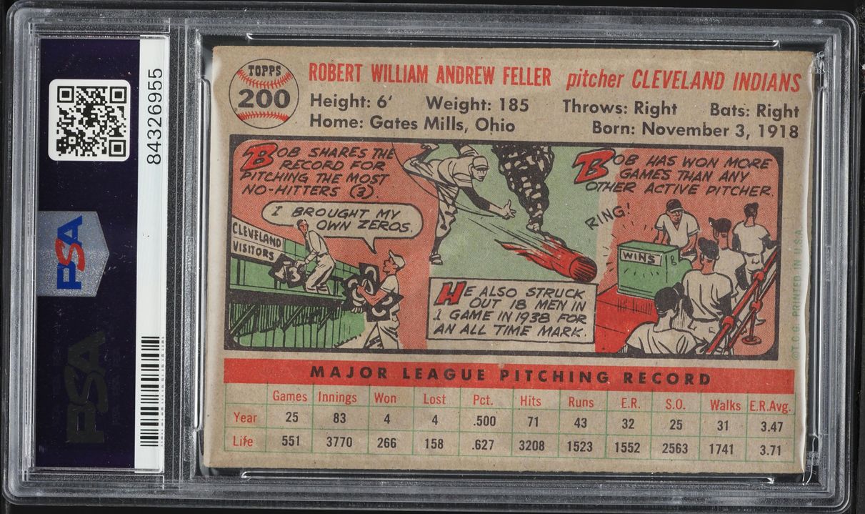 1956 Topps Bob Feller #200 PSA 3 VG