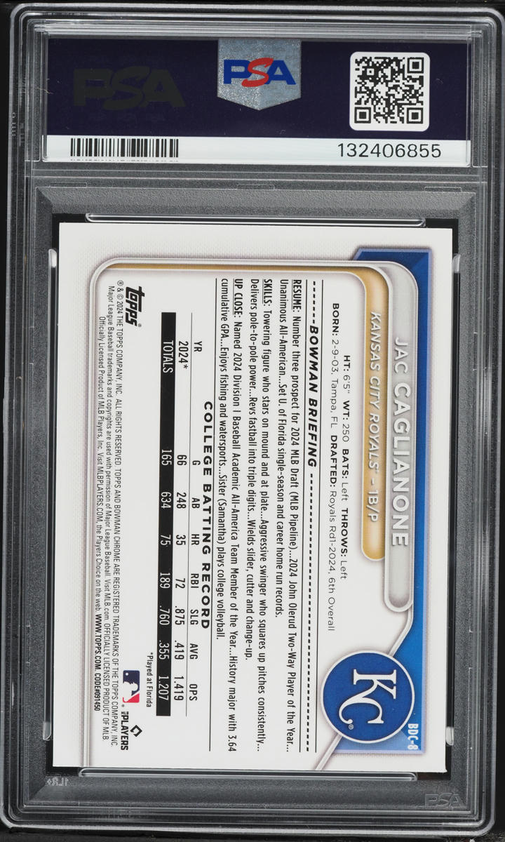 2024 Bowman Chrome Draft Green Refractor Jac Caglianone PROSPECT /99 #BDC-8 PSA 10 GEM MINT