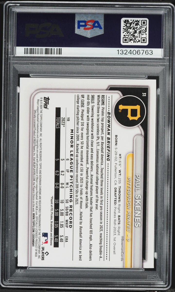 2024 Bowman Chrome Aqua Raywave Paul Skenes ROOKIE /199 #31 PSA 10 GEM MINT