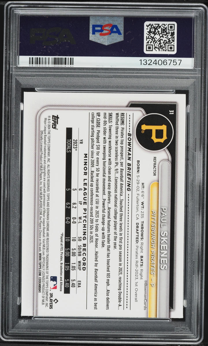 2024 Bowman Chrome Refractor Paul Skenes ROOKIE /499 #31 PSA 10 GEM MINT
