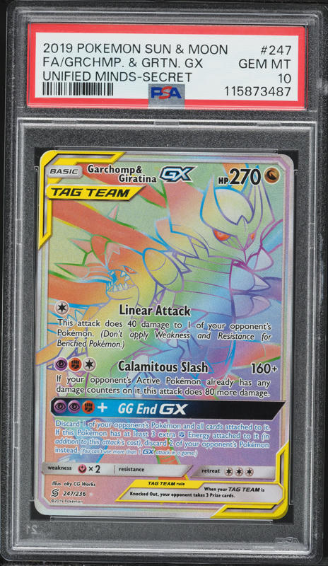 2019 Pokemon Sun & Moon Unified Minds Rainbow Rare Garchomp & Giratina GX #247 PSA 10 GEM MINT