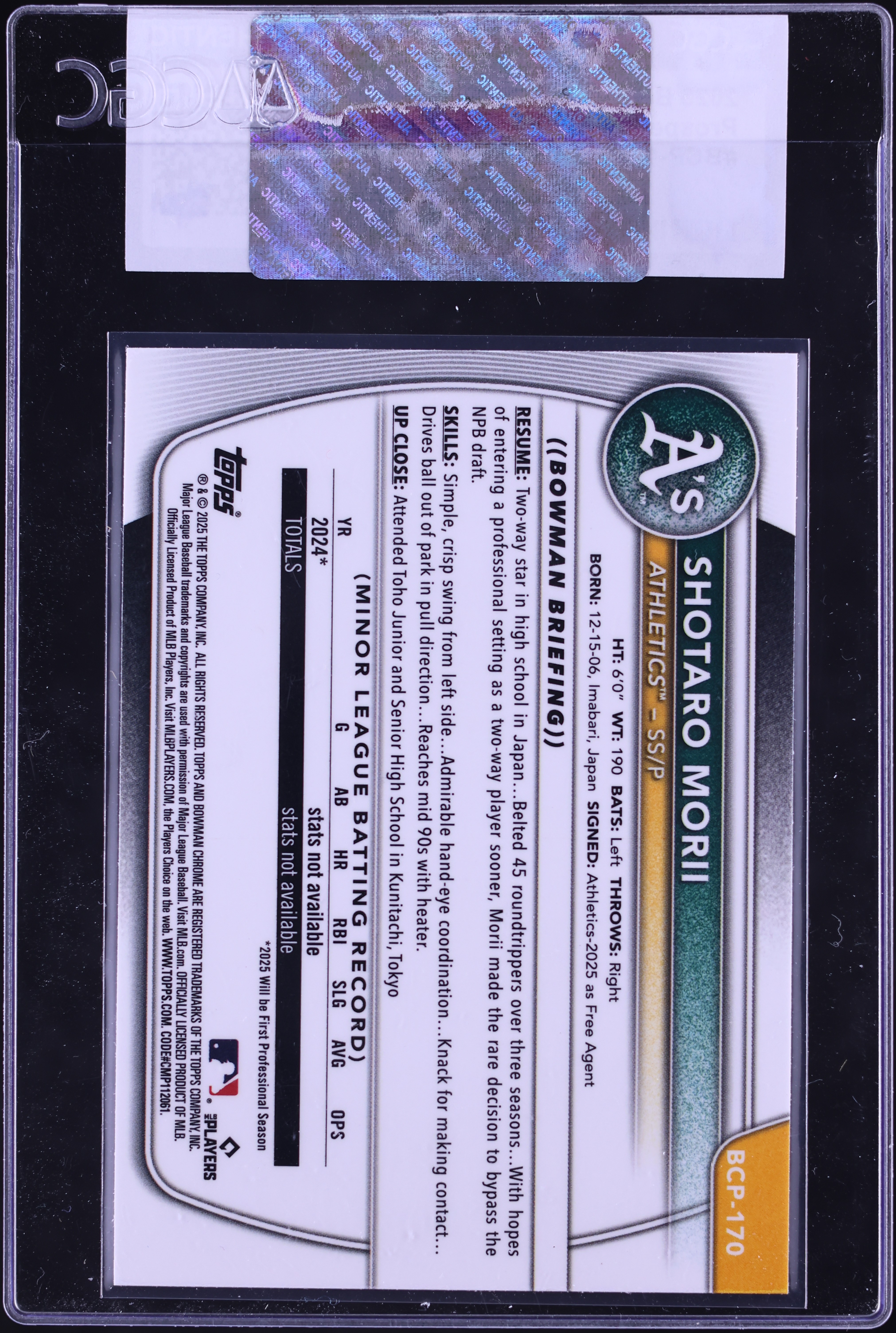 2025 Bowman Chrome Shotaro Morii PROSPECT #BCP-170 CGC AUTH on