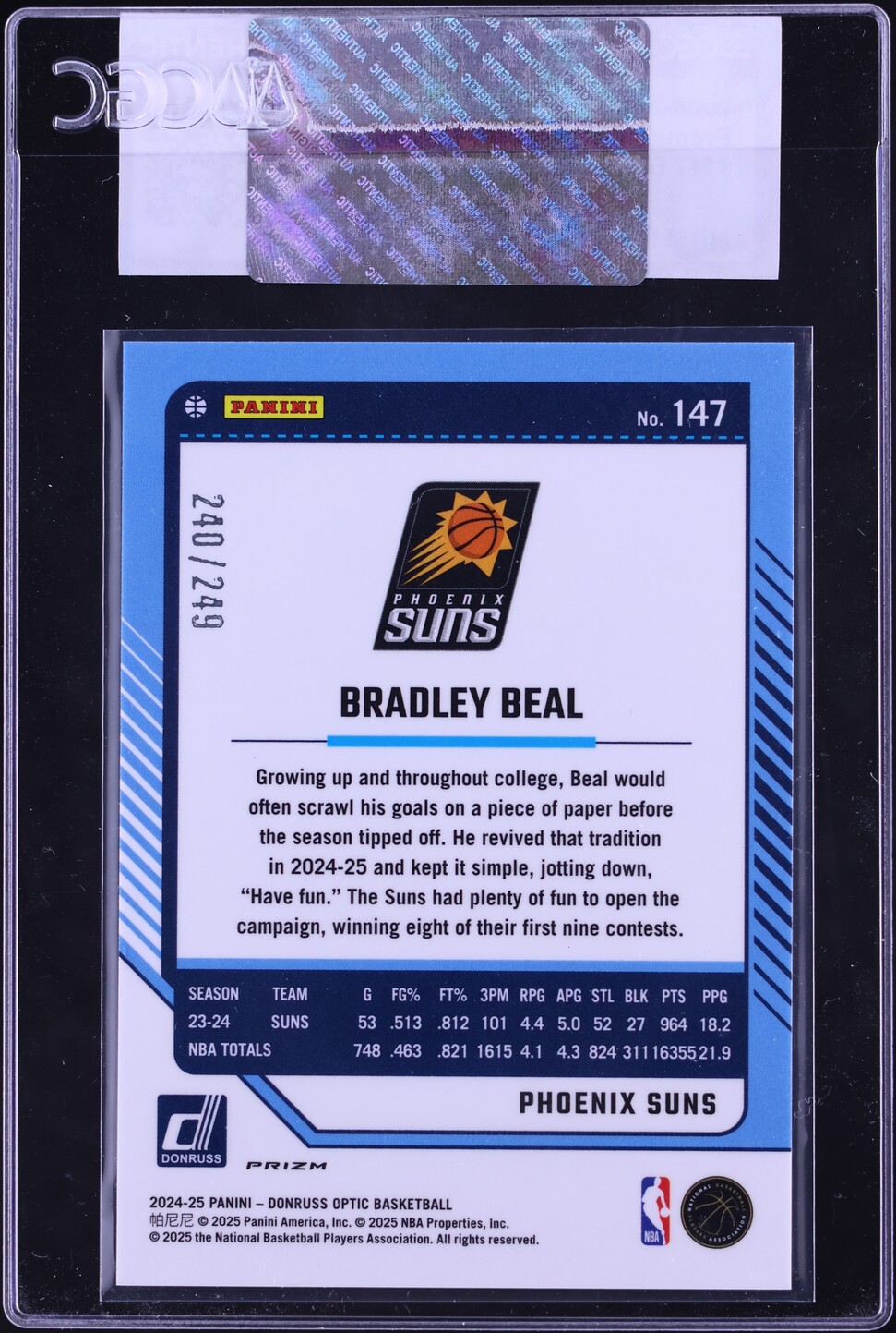 2024 Donruss Optic Premium Box Set Bradley Beal /249 #147 CGC AUTH