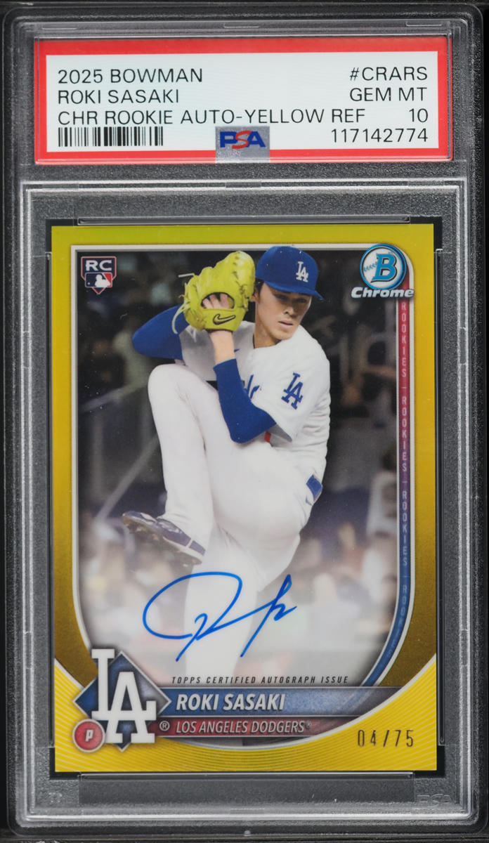 2025 Bowman Chrome Yellow Refractor Roki Sasaki ROOKIE AUTO /75 #CRARS PSA 10 GEM MINT