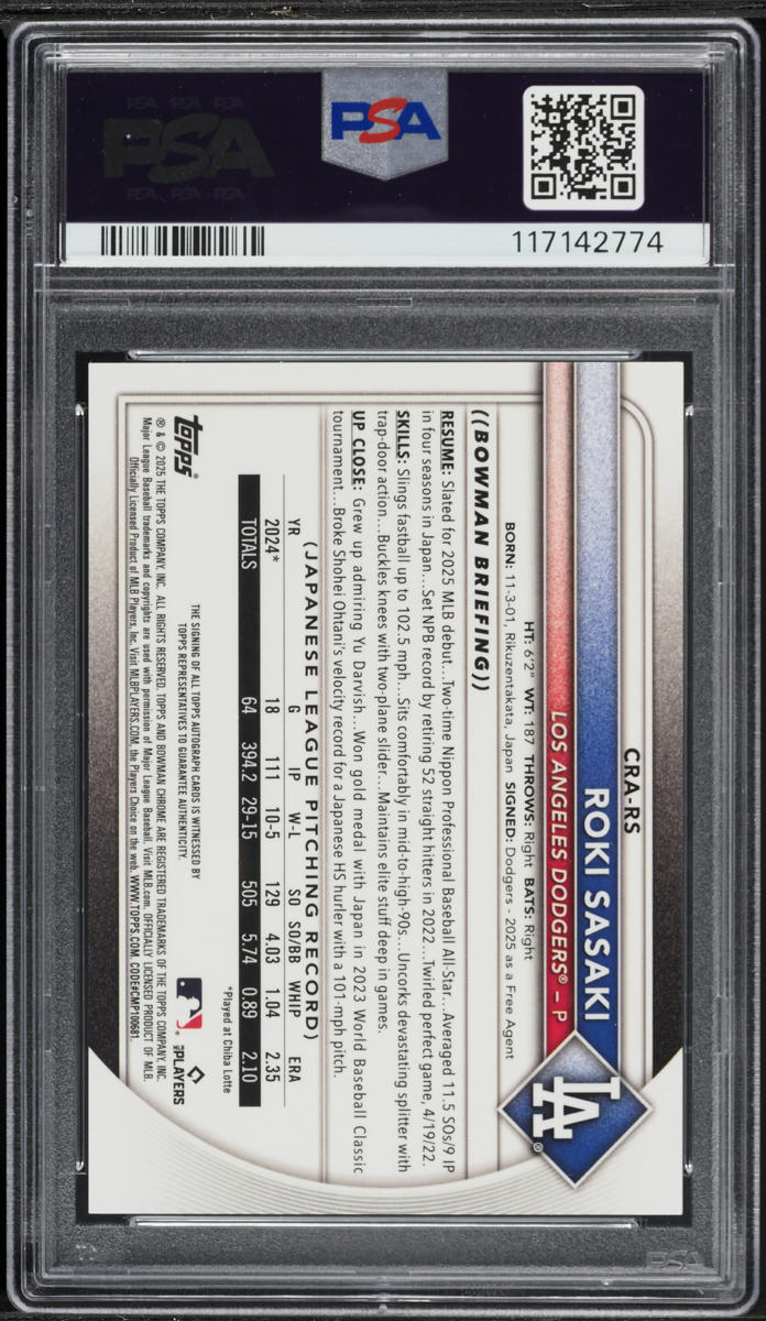 2025 Bowman Chrome Yellow Refractor Roki Sasaki ROOKIE AUTO /75 #CRARS PSA 10 GEM MINT