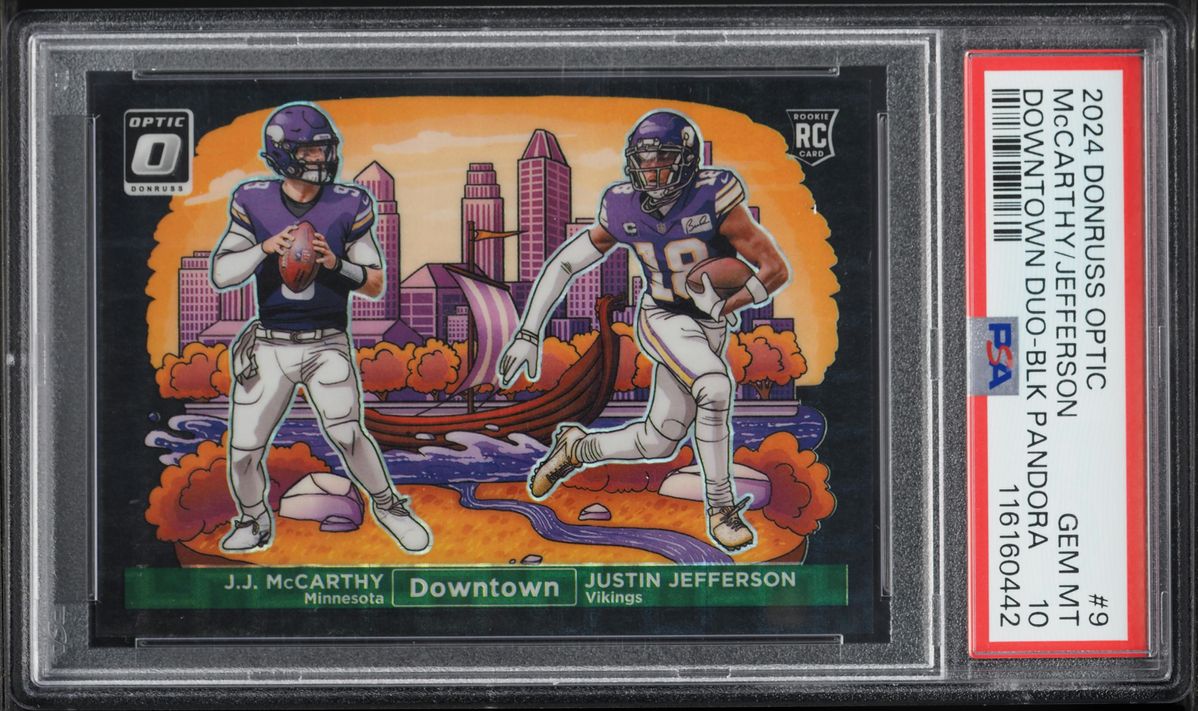 2024 Donruss Optic Downtown Duos Black Pandora J.J. McCarthy & Justin Jefferson RC /25 PSA 10