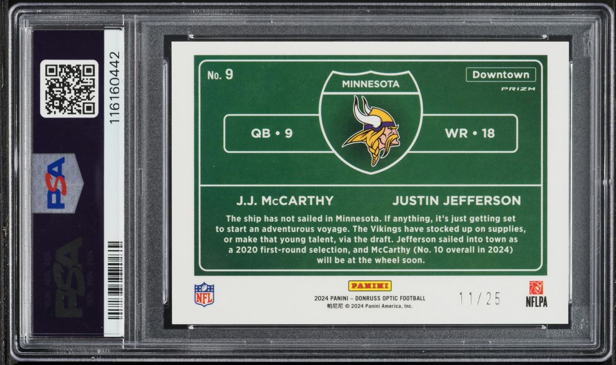 2024 Donruss Optic Downtown Duos Black Pandora J.J. McCarthy & Justin Jefferson RC /25 PSA 10