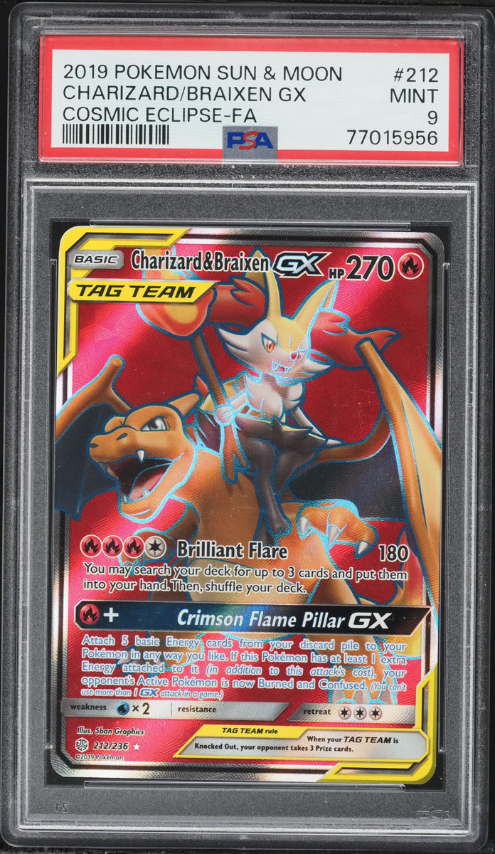 2019 Pokemon Sun & Moon Cosmic Eclipse Full Art Charizard & Braixen GX #212 PSA 9 MINT