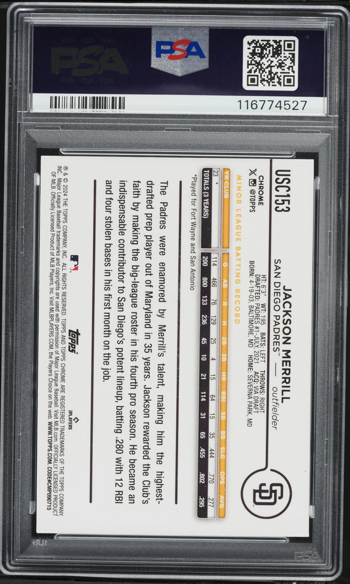 2024 Topps Chrome Update Aqua Refractor Jackson Merrill ROOKIE /199 PSA 9 MINT