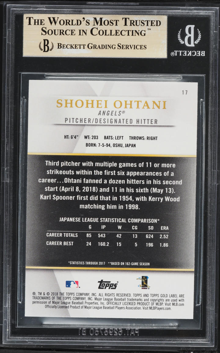 2018 Topps Gold Label Class 3 Shohei Ohtani ROOKIE #17 BGS 9.5 GEM MINT