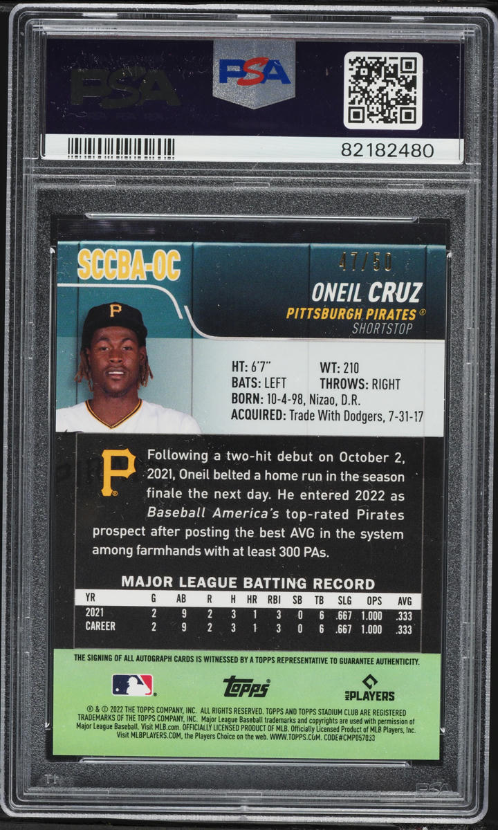 2022 Stadium Club Chrome Gold Refractor Oneil Cruz ROOKIE AUTO DNA 9 /50 #OC PSA 10 GEM MINT