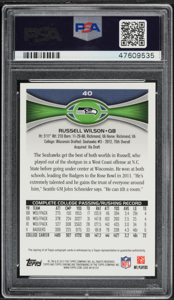 2012 Topps Chrome Stands Russell Wilson ROOKIE AUTO #40 PSA 10 GEM MINT