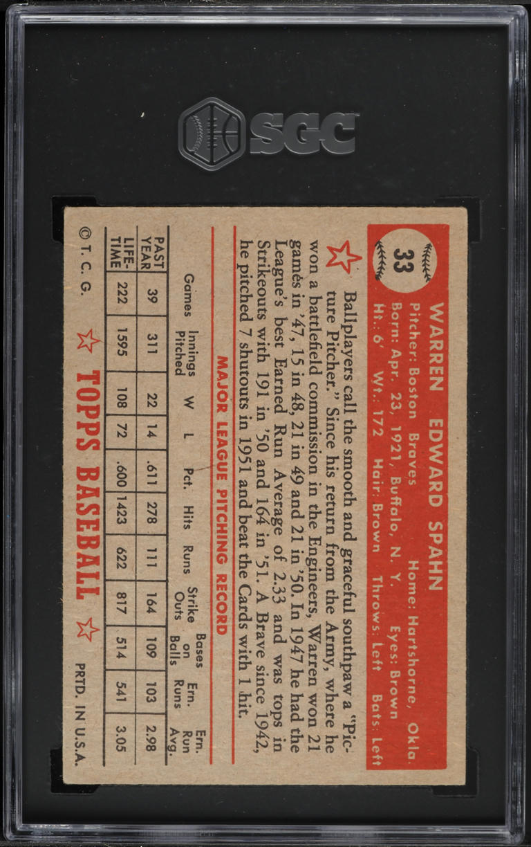 1952 Topps Warren Spahn RED BACK #33 SGC 4.5 VGEX+