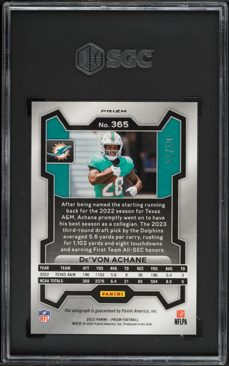 2023 Panini Prizm Gold De'Von Achane ROOKIE AUTO 1/10 #365 SGC 10 GEM MINT