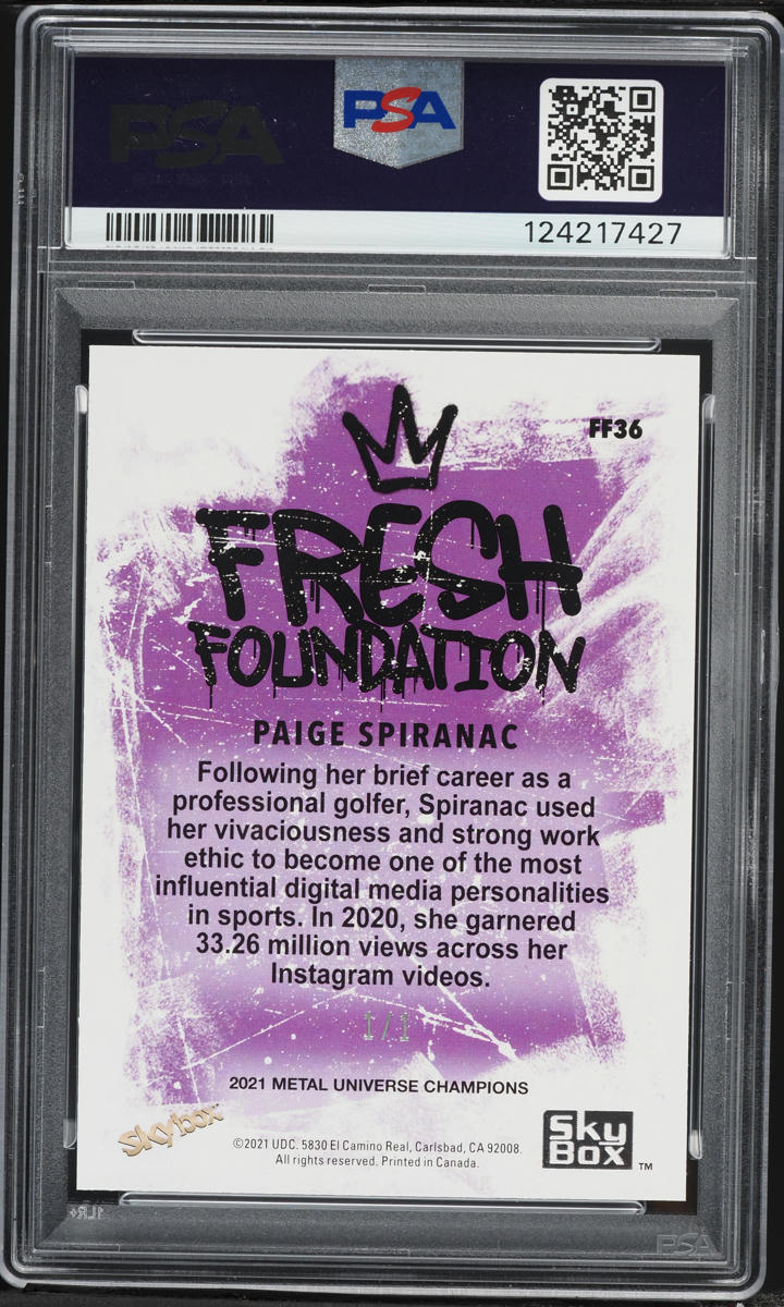 2021 Metal Universe Champions Fresh Foundation Purple P/M/G Paige Spiranac 1/1 #FF36 PSA 8