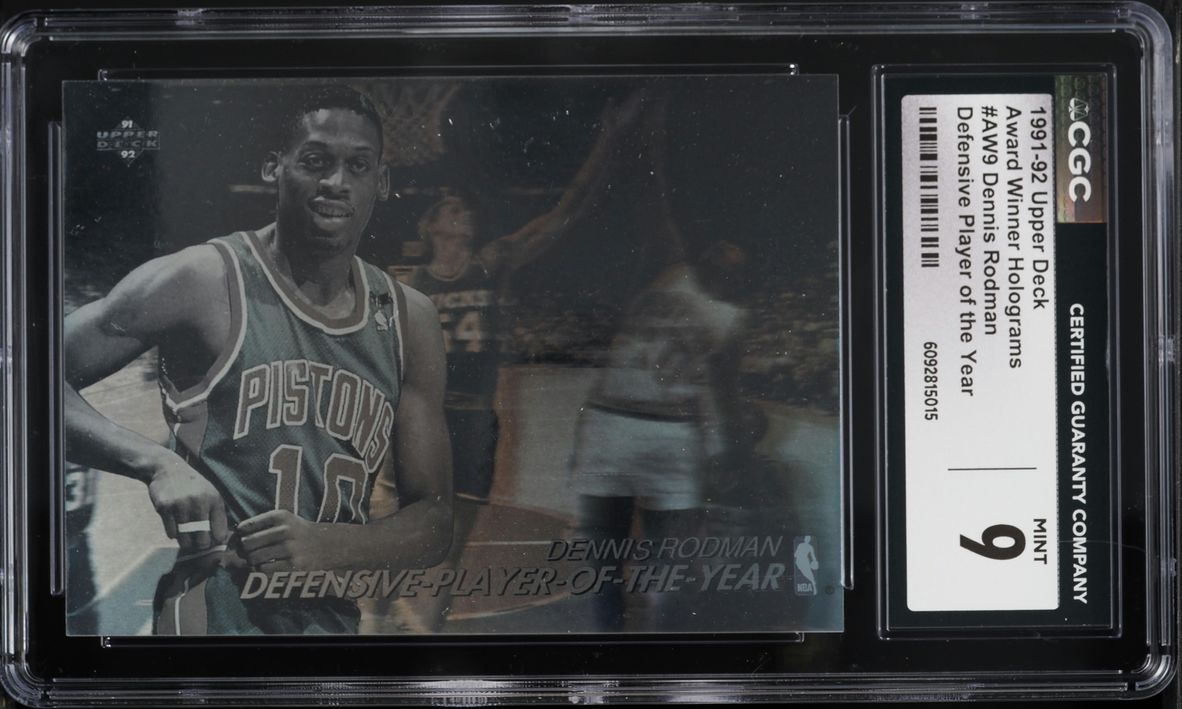 dennis rodman holographic card 1991 Upper Deck Award Winner Holograms Defensive Player Of Year Dennis  Rodman #AW9 CGC 9 MINT