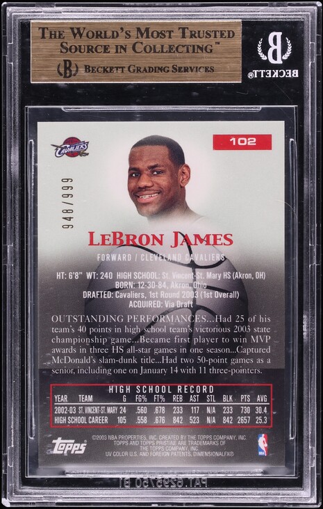 2003 Topps Pristine LeBron James ROOKIE /999 #102 BGS 9.5 GEM MINT