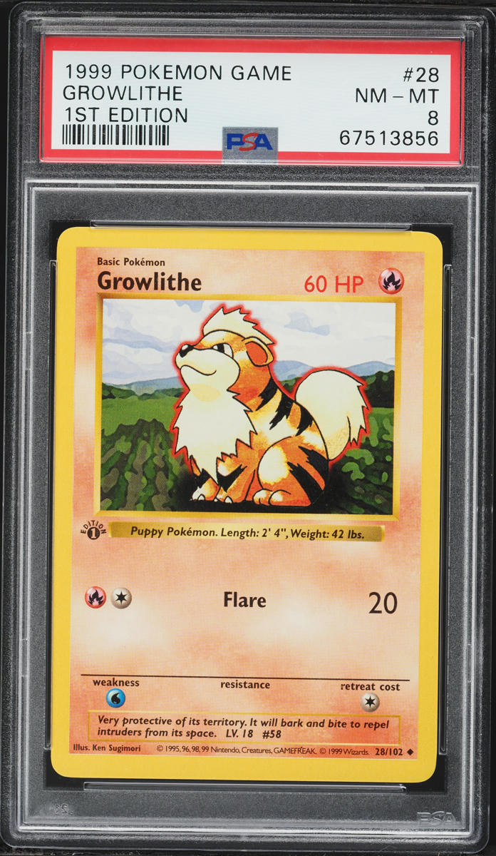 1999 Pokemon Base Set Shadowless 1st Edition Growlithe #28 PSA 8 NM-MT