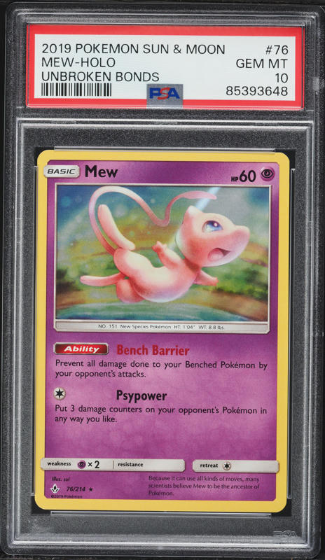 2019 Pokemon Sun & Moon Unbroken Bonds Holo Mew #76 PSA 10 GEM MINT