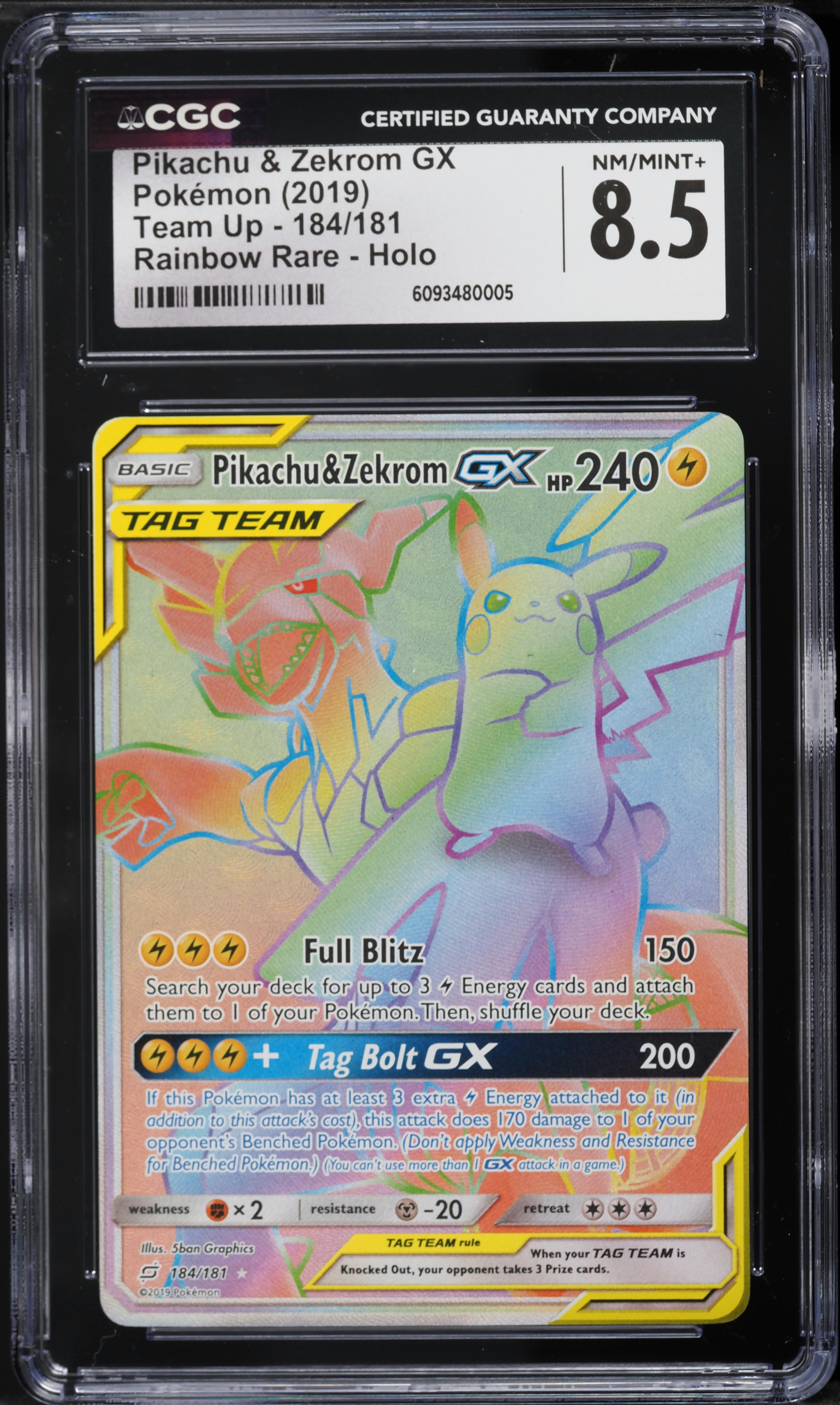 2019 Pokemon Team Up Rainbow Rare Holo Pikachu & Zekrom GX #184