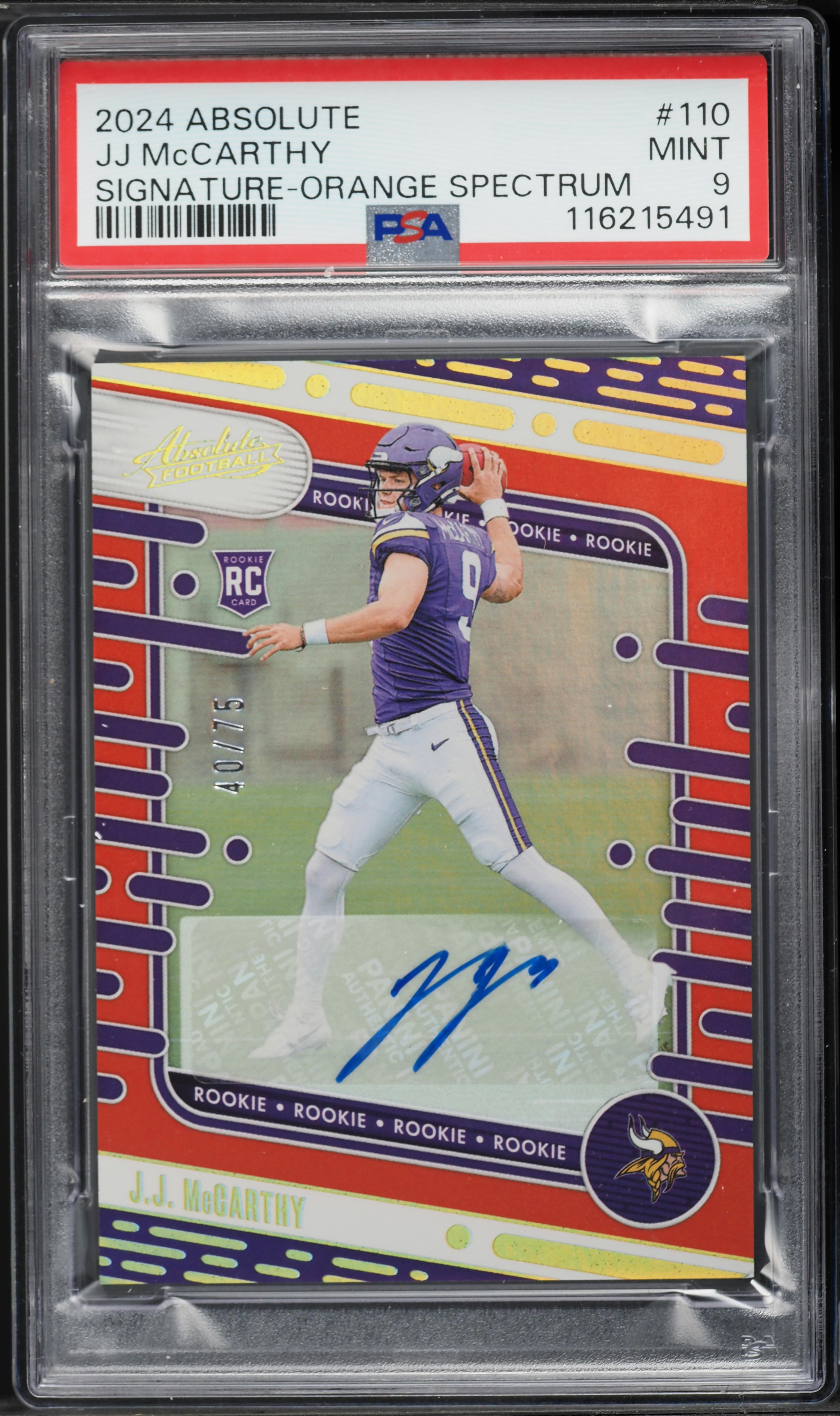 2024 Absolute Orange Spectrum J.J. McCarthy ROOKIE AUTO /75 #110