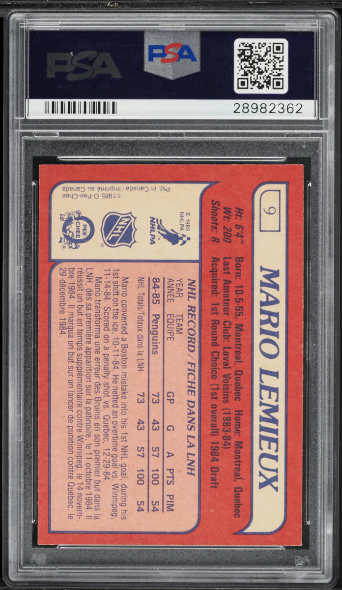 1985 O-Pee-Chee Hockey Mario Lemieux ROOKIE #9 PSA 7 NRMT