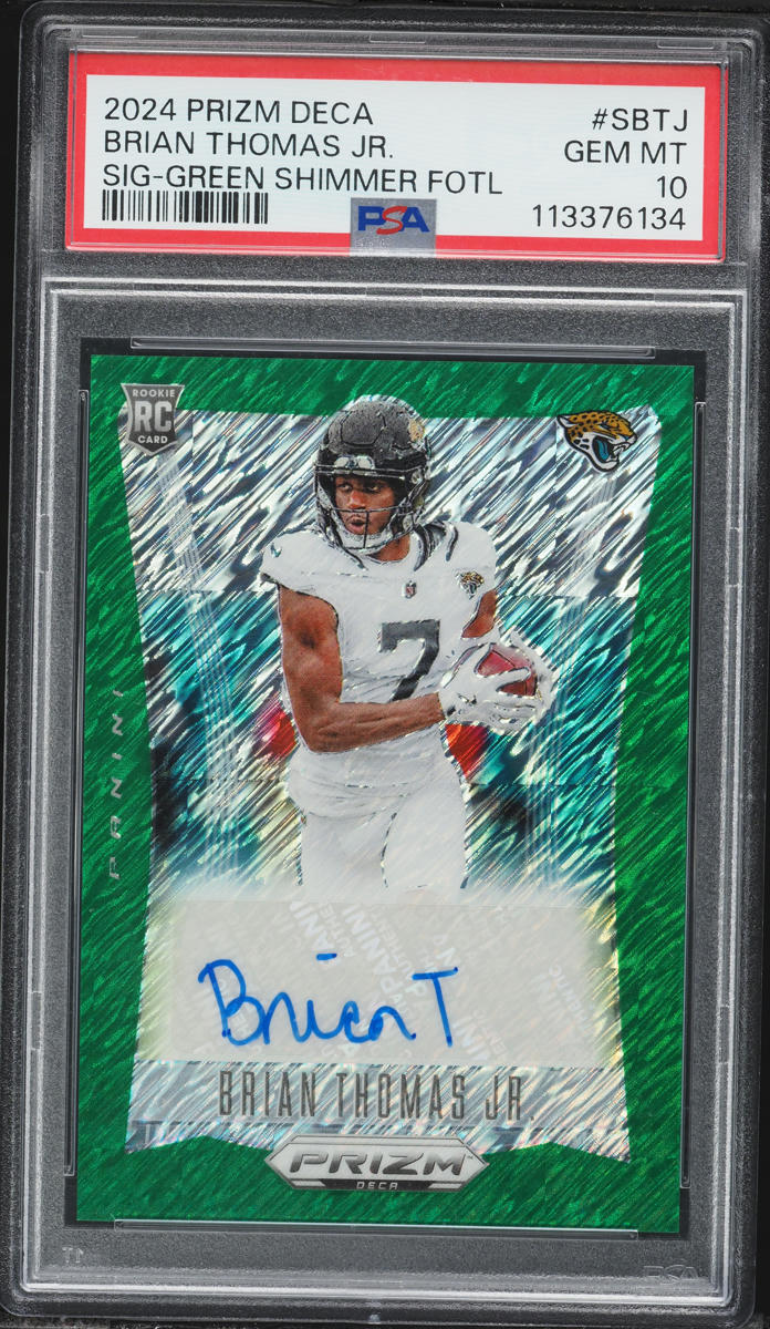 2024 Panini Prizm Deca Signatures Green Shimmer FOTL Brian Thomas Jr ROOKIE AUTO /25 PSA 10