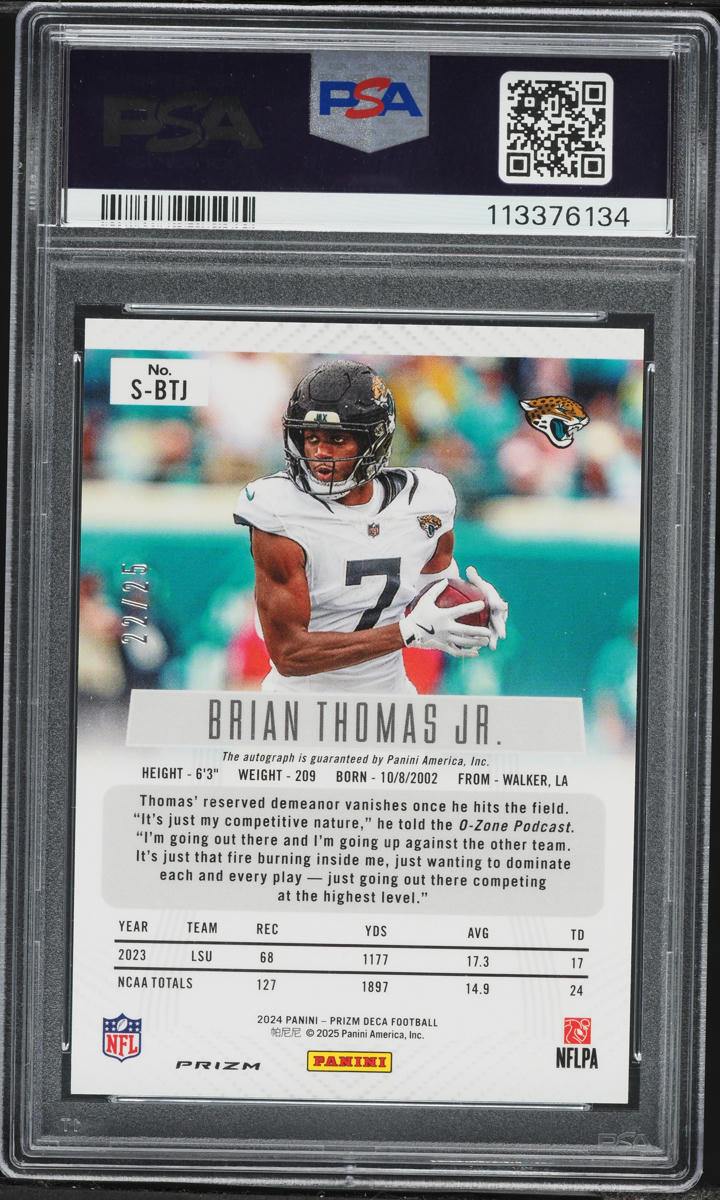 2024 Panini Prizm Deca Signatures Green Shimmer FOTL Brian Thomas Jr ROOKIE AUTO /25 PSA 10