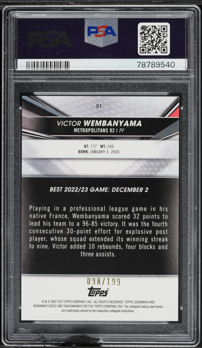 2022 Bowman University Best Aqua Lava Refractor Victor Wembanyama ROOKIE /199 PSA 10 GEM MINT